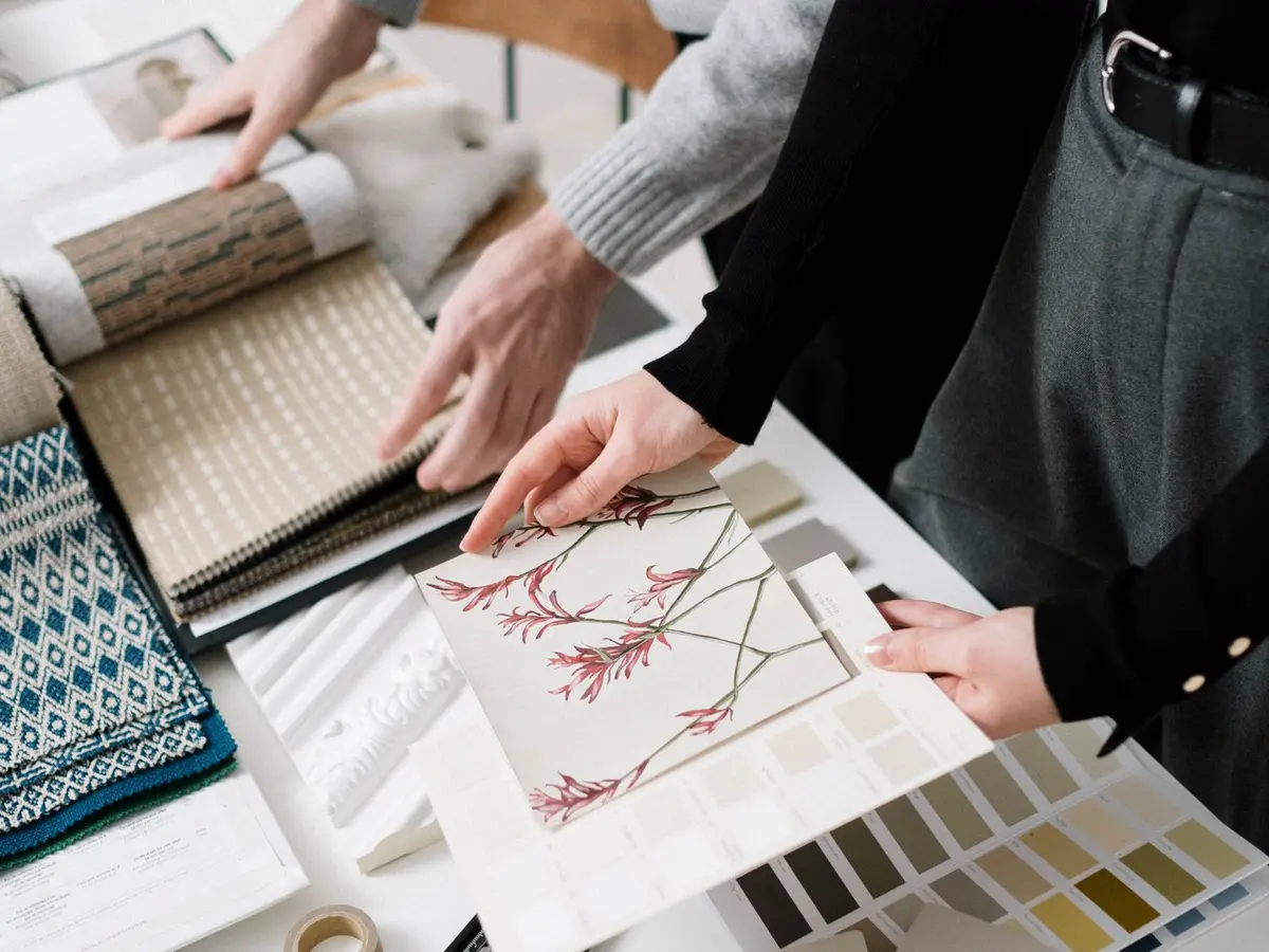 Interior design consultation with coordinated fabric and finish samples
