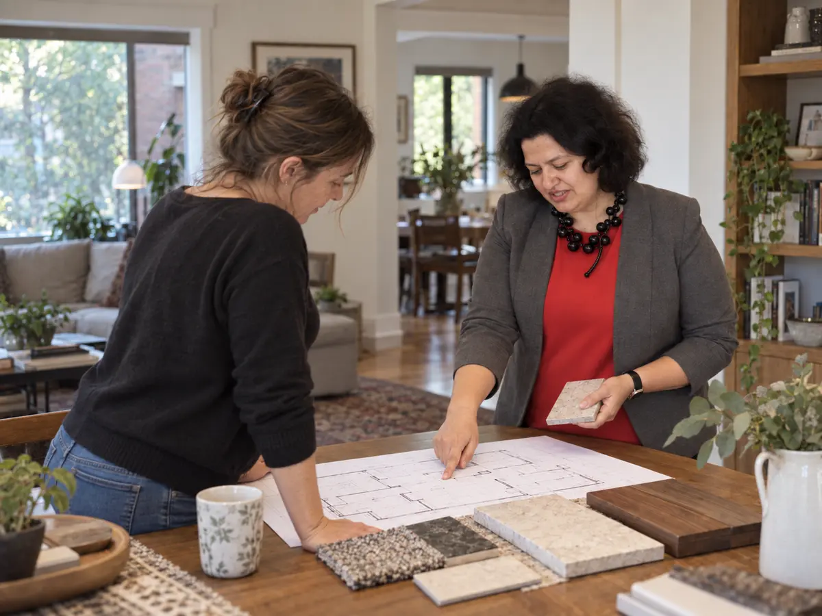 Tanvi Vashisht reviewing a floor plan and material samples with a homeowner